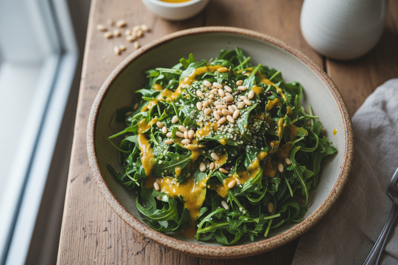 Fresh arugula harvested steps from your table, topped with pine nuts, hemp seeds, and our signature turmeric–garlic dressing. High-density nutrition in every bite.
