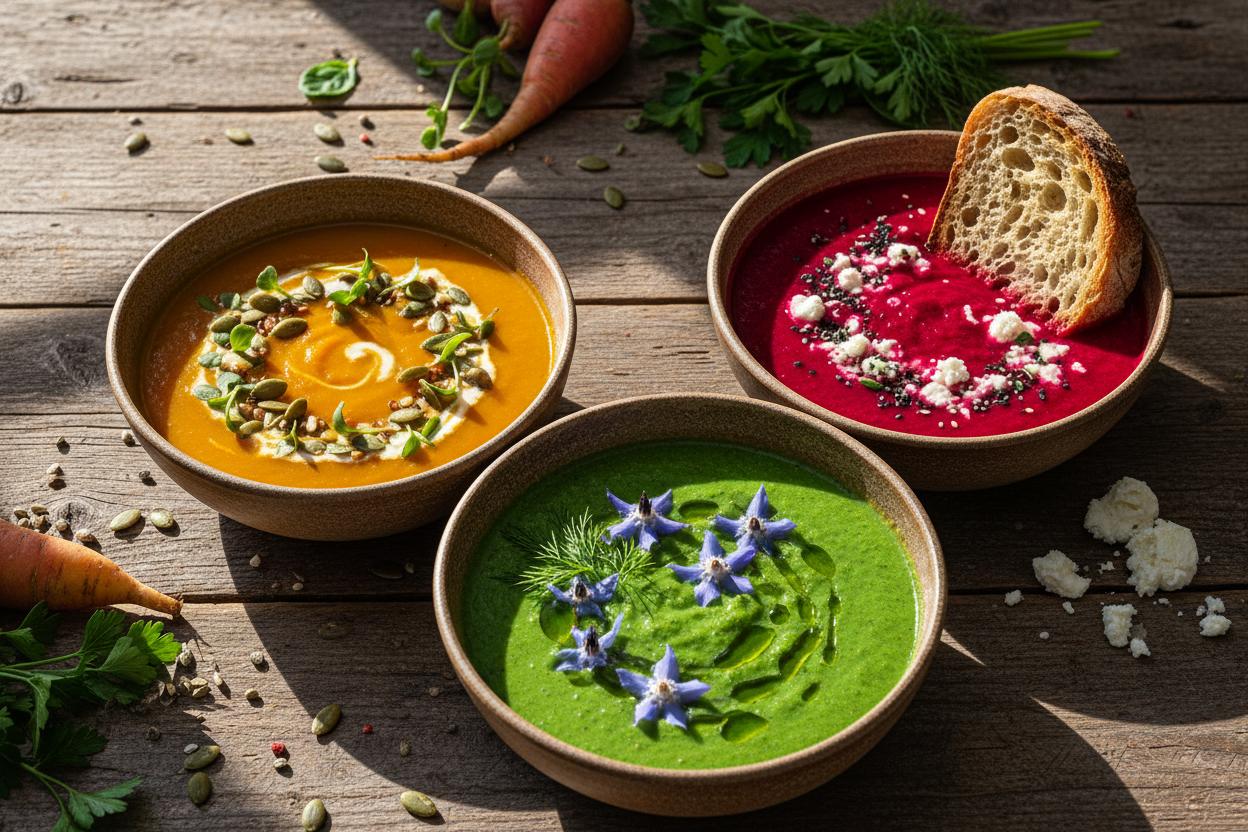 High-contrast photography of vibrant soups with artisanal garnishes ("Sunlit Earth" style).
