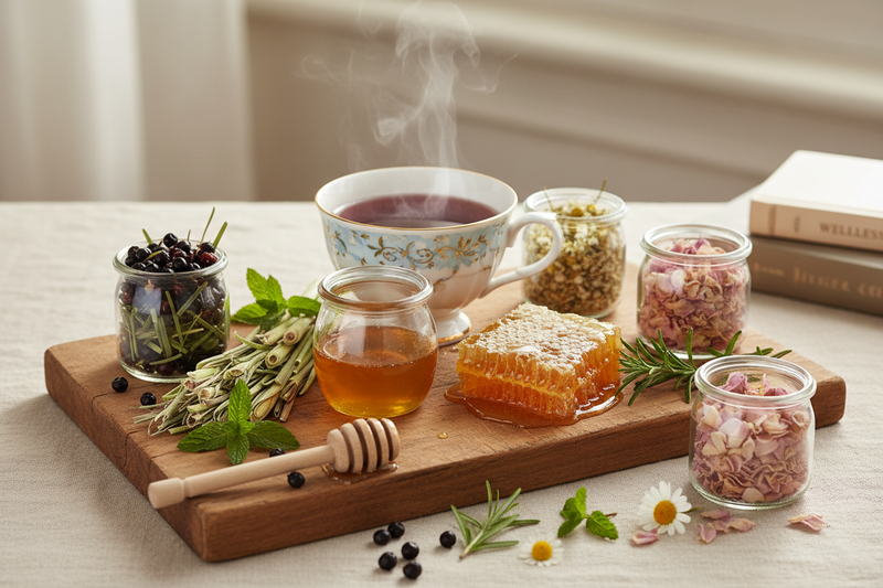 Sip and linger with Elderberry & Lemongrass tea, alongside a selection of loose-leaf herbal blends. Served with raw Paradise Fields honey and fresh honeycomb.